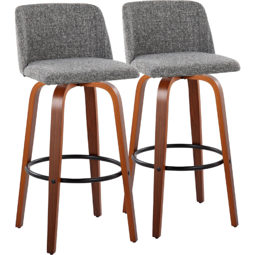 Toriano 30" Swivel Bar Stool in Walnut Wood & Grey Noise Fabric with Black Footrest (Set of 2)
